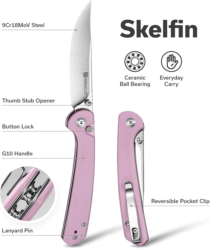 SENCUT Skelfin Pocket Knife for EDC, Folding Knife with 3.3'' Blade & G10 Handle, for Camping Hiking S25007-3(Powder Pink)