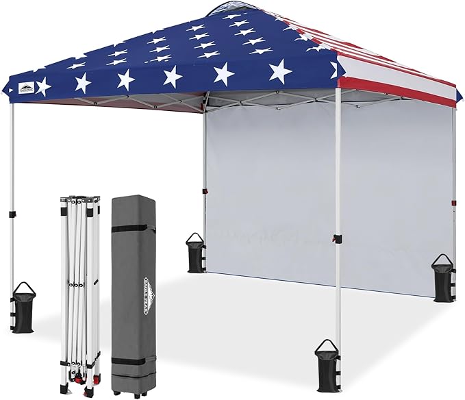 EAGLE PEAK Pop Up Canopy Tent with 1 Sidewall, Easy Setup Event Tent, Outdoor Sun Shade, Wheeled Carry Bag, Stakes and Guy Ropes, Instant Canopy 10x10, American Flag