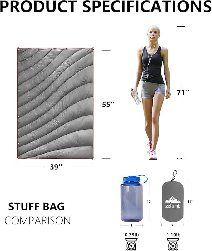 zzlamb Camping Blanket, Compact Lightweight Soft Puffy Blanket Water-Repellent, Packable Warm Quilt Down Alternative Picnic Hiking Backpacking Beach Travel RV Airplane Couch Car