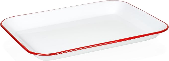 Red Co. 13.5” x 10” Enamelware Metal Classic 1.6-Quart Rectangular Serving Tray, Solid White/Red Rim