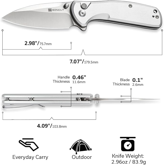 SENCUT ArcBlast Button Lock Knife for EDC, Folding Pocket knife with Aircraft-grade Aluminum Handle and 2.98" 9Cr18MoV Blade, Outdoor Gift for Men and Women S22043B-2 (Silver)