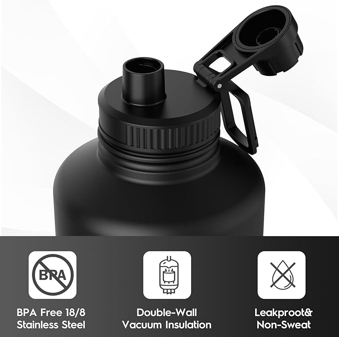 Navigate 64 oz Stainless Steel Insulated Water Bottle,Double Walled Leak Proof Keep Cold for 24 Hrs Hot for 12 Hrs,Wide Mouth Water Jug with Spout & Handle Lids,Black