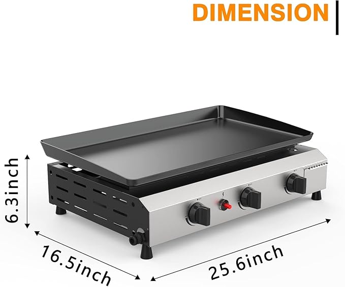 3 Burner BBQ Gas Griddle, 25.6 Inch Stainless Steel Tabletop Portable Propane Griddle, 30,000 BTU Flat Top Grill for Camping