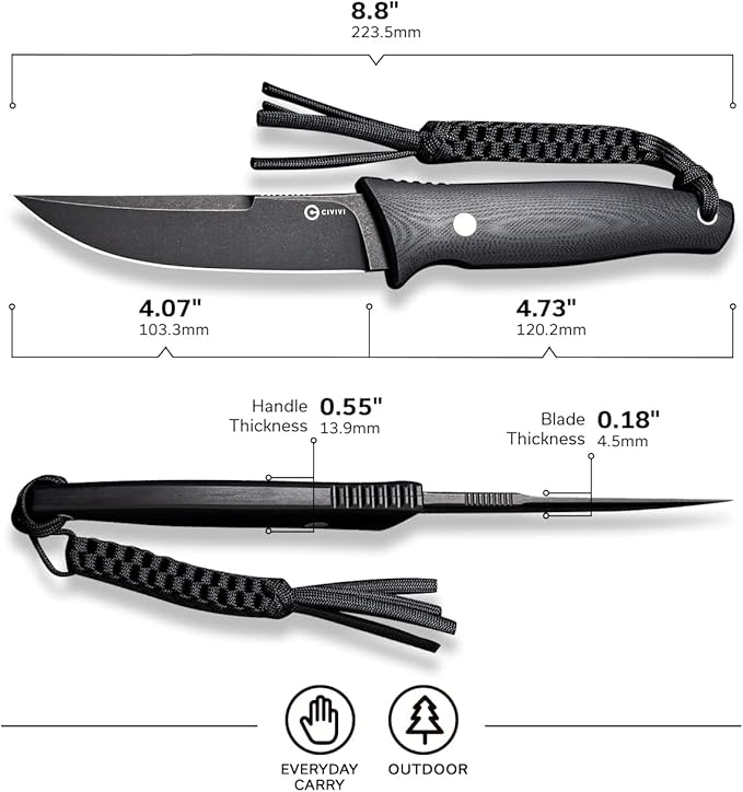 CIVIVI Tamashii Fixed Blade Knife with 4.07’’ D2 Blade G10 Handle, Kydex Sheath, T-clip for EDC Outdoor Carry C19046-3