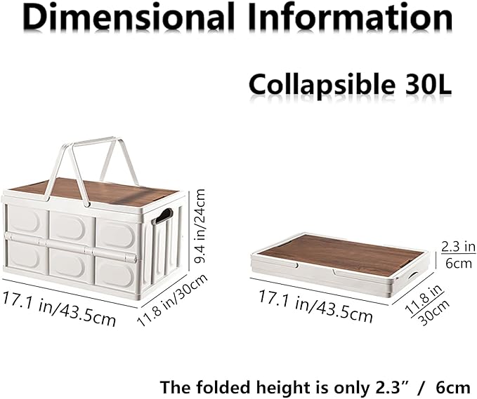 VPTMRP Collapsible Storage Bin with Handles and Wooden Lid, Large Capacity Stackable Utility Crates Holds 33lbs for Outdoor Home Storage Organizing Moving (30L/7.9Gal)