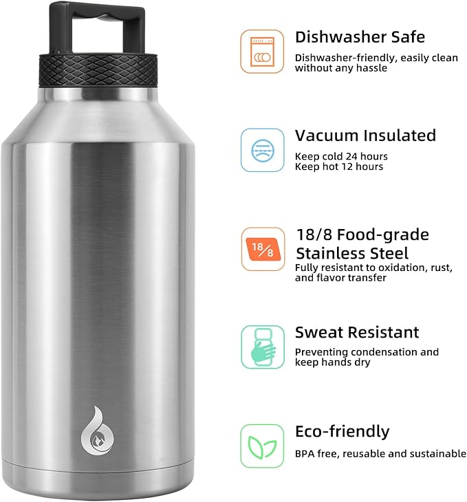 BJPKPK Half Gallon Water Bottle Insulated, Dishwasher Safe 64 oz Water Bottle with Handle, Leakproof BPA Free Water Jug, Large Metal Thermo for Sports, Stainless Steel Primary Color