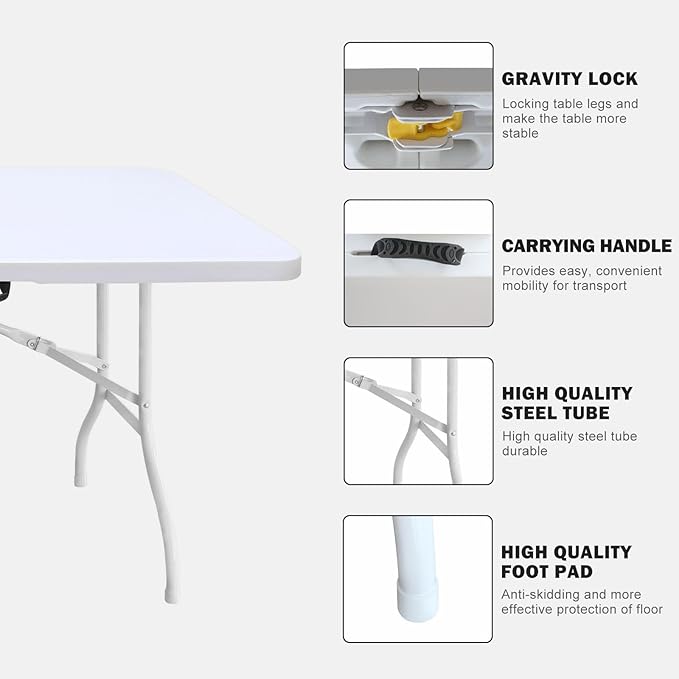 Portable Plastic Folding Table 4ft/6ft/8ft Heavy Duty White Black Picnic Dining Table Fold-in-Half for Camp Party Kitchen Indoor Outdoor