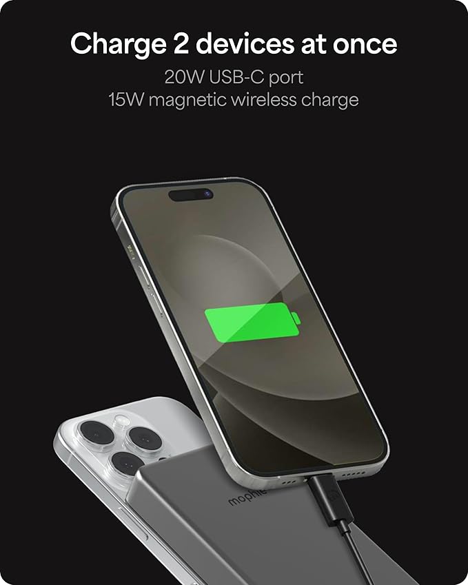 Mophie Powerstation Wireless 10,000mAh Power Bank – MagSafe Compatible, 15W Qi2-Certified, 30W USB-C PD Fast Charging, Slim Battery Pack for iPhone, Android, Travel & Airplane Use