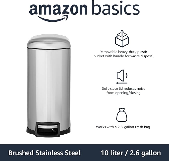 Amazon Basics D-Shaped Small Trash Can with Lid and Soft-Close Foot Pedal for Bathroom, Bedroom, Living Room, Office, Smudge Resistant, 10 l / 2.6 gallon, Silver
