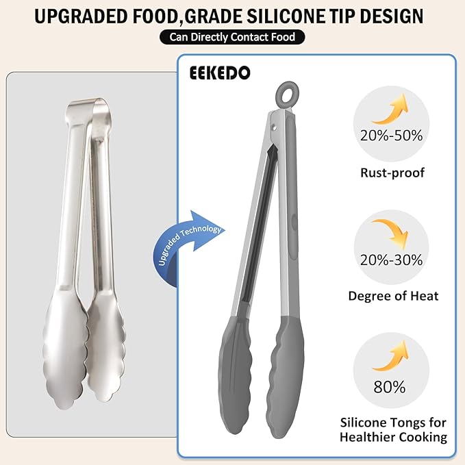 Kitchen Tongs, Stainless Steel Silicone Tongs for Cooking 600ºF High Heat-Resistant BBQ Grilling Locking Tongs, Set of 2-9" and 12" Light Grey