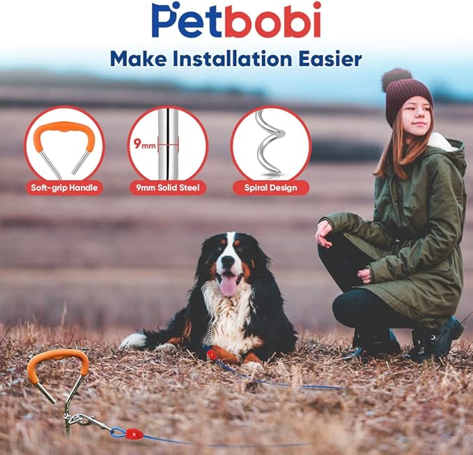 Petbobi Dog Tie-Out Cable and Stake - 40ft Heavy Duty Cable with Spring, No Tangle, 16in Ground Stake, Ideal for Yard, Camping and Beach, Suitable for Medium to Large Dogs Up to 120 lbs, Blue