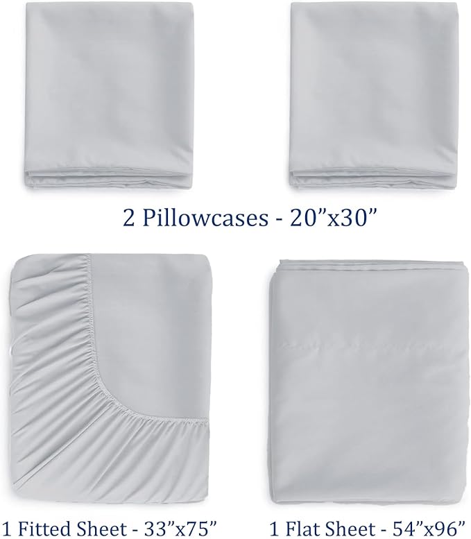 Cot Sheets 33" x 75" - 4 PCs Cot Sheet Set - 600TC 100% Cotton Sheet Set - Cot Size Fitted Sheets Perfect for Narrow Twin/Camp Bunk/Rvs Bunk/Guest Beds/Trifold Mattress, 4-8" Deep Pocket - Silver