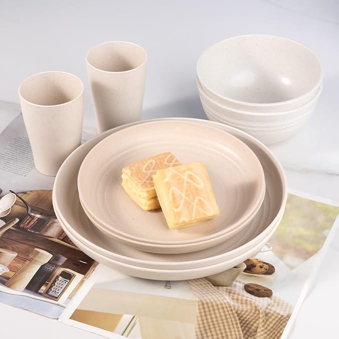 Supernal Wheat Straw Dinnerware, Microwave Dishwasher Safe, Unbreakable Light Weight Plates Service For 8, Reusable Tableware Set, Multicolor Set 16pcs Plates, 8pcs Bowls, 8pcs Cups