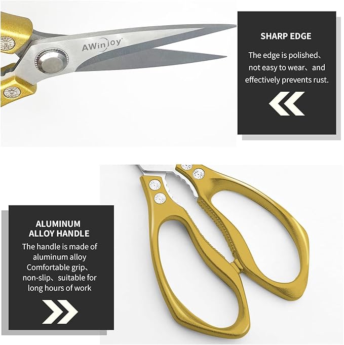 Heavy Duty Sharp Kitchen Scissors, Multipurpose Cutting Scissors for Meat, Chicken, Fish, Poultry, Herbs, Bread - Dishwasher Safe - Gift (Gold)