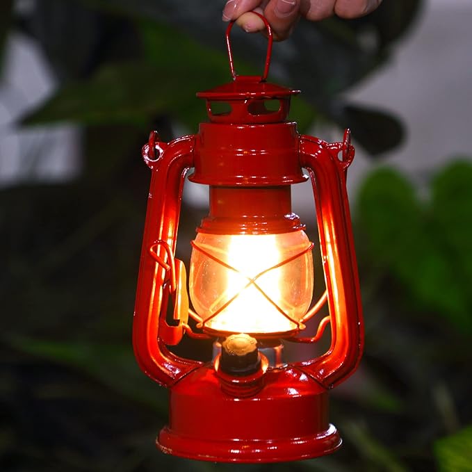 Hortsun 12 Pcs 8 Inch Vintage LED Hurricane Lantern Metal Red Outdoor Battery Operated Hanging Lantern with Warm LEDs and Dimmer Switch for Indoor Rustic Farmhouse Country Camping Decor