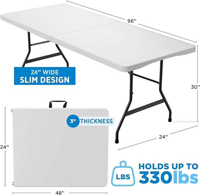 Sorfey Narrow Folding Table 8 Foot X 24-inch, White Plastic