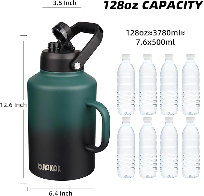 BJPKPK 1 Gallon Water Bottle with Handle, Large Dishwasher Safe 128oz Insulated Water Bottle, BPA Free Water Jug, Wide Mouth Metal Water Bottle with Anti-slip Bottom, Army Green & Black