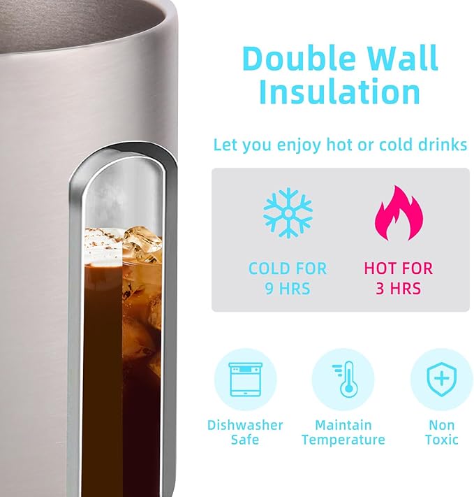 Volhoply 14oz Insulated Stainless Steel Coffee Mug with Lid Bulk 4 Pack,Double Wall Vacuum Travel Coffee Cup with Handle,Reusable Metal Cups Tumbler,Camping Mugs Keep Hot,Ideal Gifts(Silver,4)