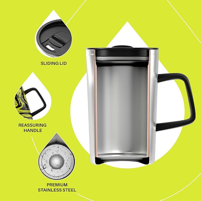 Ideus Vacuum Insulated Coffee Mug, 16oz Reusable Stainless Steel Thermal Double Walled cup with Handle and Slider Lid for Hot & Cold Beverages, BPA Free (Yellow Zebra)