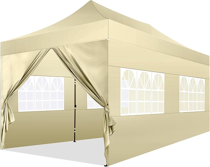 COBIZI 10x20 Pop Up Canopy with 6 Sidewall,Heavy Duty Canopy UPF 50+ All Season Wind Waterproof Commercial Outdoor Wedding Party Tents for Parties Gazebo with Roller Bag(10 x 20 ft Khaki)