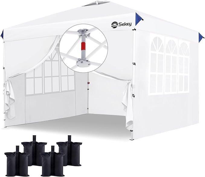Sekey 10x10 Pop Up Canopy with 4 Sidewalls, One Push Setup Instant Outdoor Gazebo, Instant Easy Up Canopy with UPF50+ Top, 4 Weight Bags for Events, Beach, Patio, Camping