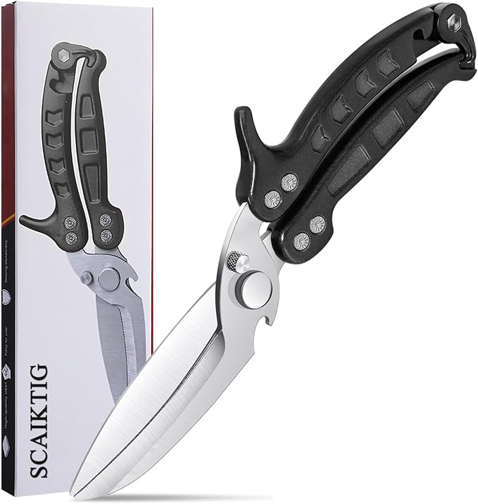 Heavy Duty Kitchen Shears, Detachable Poultry Shears with Serrated Edge, Spring-Loaded Stainless Steel Chef Scissors Cutting Bone, Chicken, Fish, Food, Meat, Black Full Steel Handle