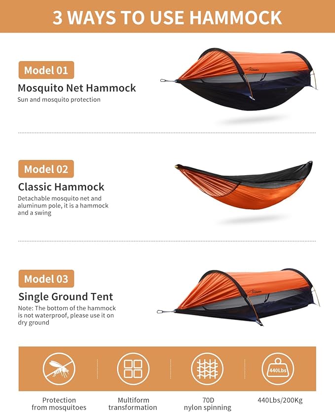 Camping Hammock Tent with Mosquito Net and Sunshade, Extra Large for 2 Person, Lightweight Hanging Hammocks Tree Straps, Bivvy Ground Tent for Outside, Hiking, and Travel
