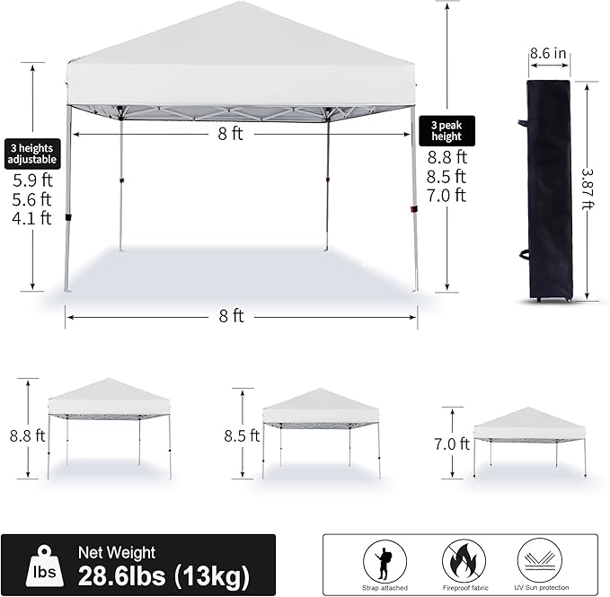 Pop Up Canopy Tent 8X8 FT,Easy Set-up Sade,Instant Shelter w/Canopy Cover,4 Ropes,Adjustable Straight Leg Heights Canopies,Outdoor Patio Tents for Parties,Commercial,Silver White