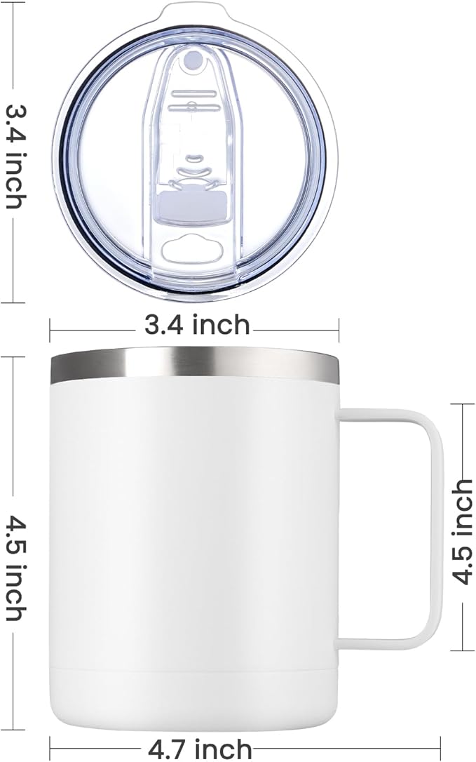 MEWAY 12oz Coffee Mug With Handle 2 Pack Bulk,Stainless Steel Insulated Travel Tumblers With Sliding Lid,Double Wall Vacuum Camping Cup for Hot & Cold Drinks Tea (White,Set of 2)
