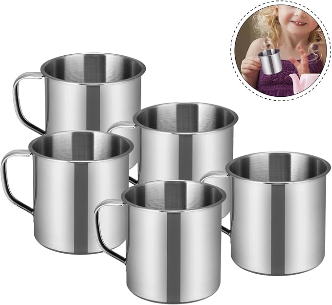 5pcs Small Stainless Steel Mug Camping Coffee with Handle Portable Drinking Cup Kids Hot Chocolate Mug Metal Water Cup For Outdoor Picnic Backpacking Silver