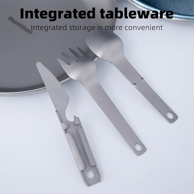 Titanium Camping Plate Utensil Set of 4, Ultralight Titanium Plate Dish with Knife Fork Spoon, Portable Outdoor Camping Tableware Cutlery Cookware for Backpacking Hiking Travelling Picnic BBQ