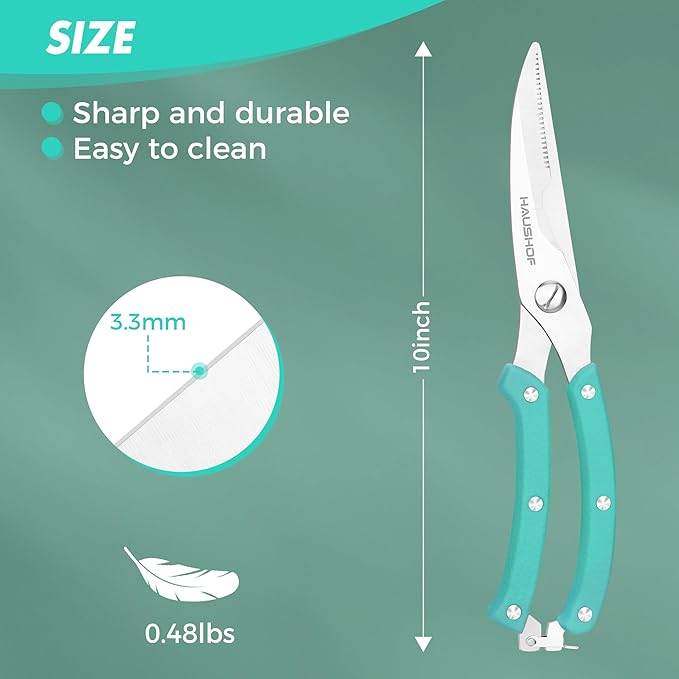 HAUSHOF Kitchen Shears for Food, Heavy Duty Poultry Shears, Stainless Steel Sharp Kitchen Scissors with Serrated Blade, One-Piece Handle, Spring, Safety Lock, 10" Food Scissors for Bones, Meat, Fish
