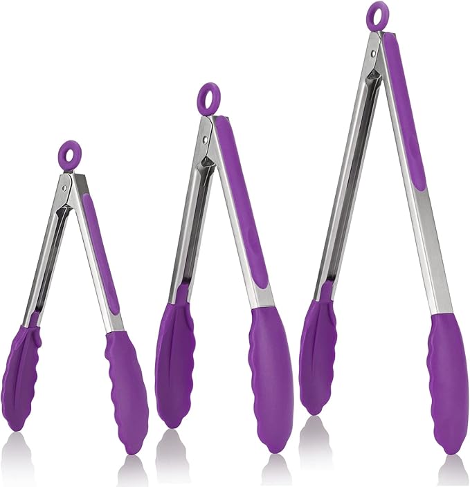 U-Taste Kitchen Tongs, 7/9/12 inches Cooking Tongs, with 600ºF High Heat-Resistant Non-Stick Silicone Tips, 18/8 Stainless Steel Handle, for Food Grill, Salad, BBQ, Frying, Serving, Pack of 3(Purple)