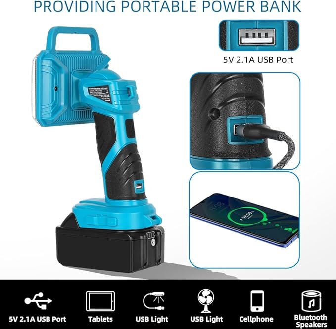 18W Cordless LED Flashlight for Makita 18V Lithium-ion Battery, 2000LM Handheld Work Light with USB Charger Port for Camping, Hiking, Climbing, Job Site, Indoor & Outdoor Use