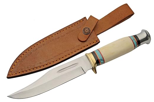 SZCO Full Tang Hunting Knife 11.5 Inch - Turquoise Pocket Knife with Stainless Steel Blade, Bone Handle & Leather Sheath - Camping Knife for hunting - Skinning knife for Men