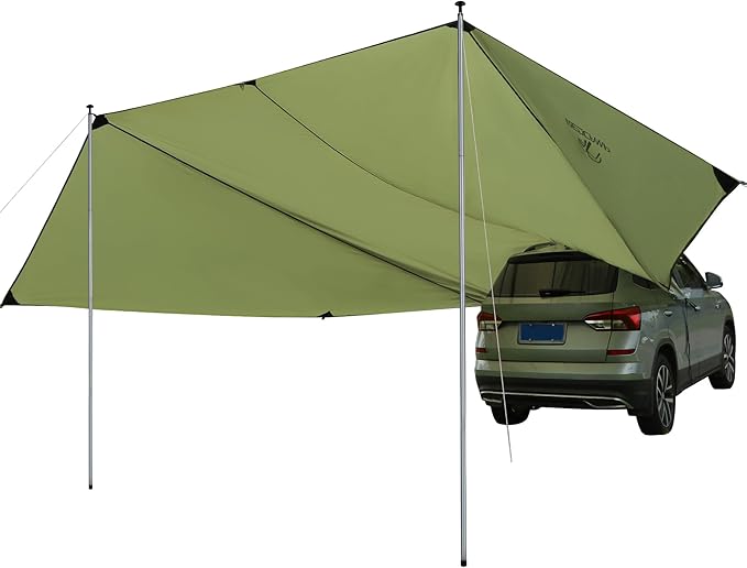 REDACMP 19ft x17ft Large Car Awning Tarp with 2 Poles & 2 Suction Cup Hooks, Waterproof Camping Tarp Hammock Rain Fly with UV Protection Sun Shelter for SUV,Van,Overland Camping,Tailgate Canopy,Green