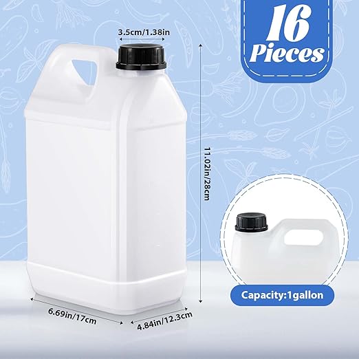 16 Pcs 1 Gallon Plastic Jug with Lids Square Empty Storage Containers HDPE Carboy Plastic Jar Containers for Water Beverage Oil Liquids (Translucent Color)