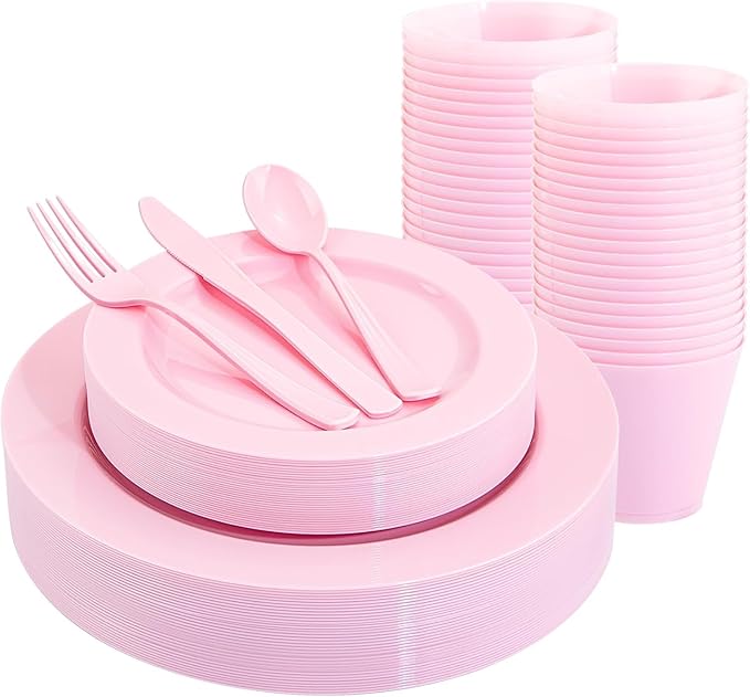 KIRE 150 Pieces Pink Plastic Plates Disposable - Pink Dinnerware Set Include 25 Dinner & 25 Salad Plates 25Forks 25Knives 25Spoons 25 Cups for Baby Shower/Bridal Shower