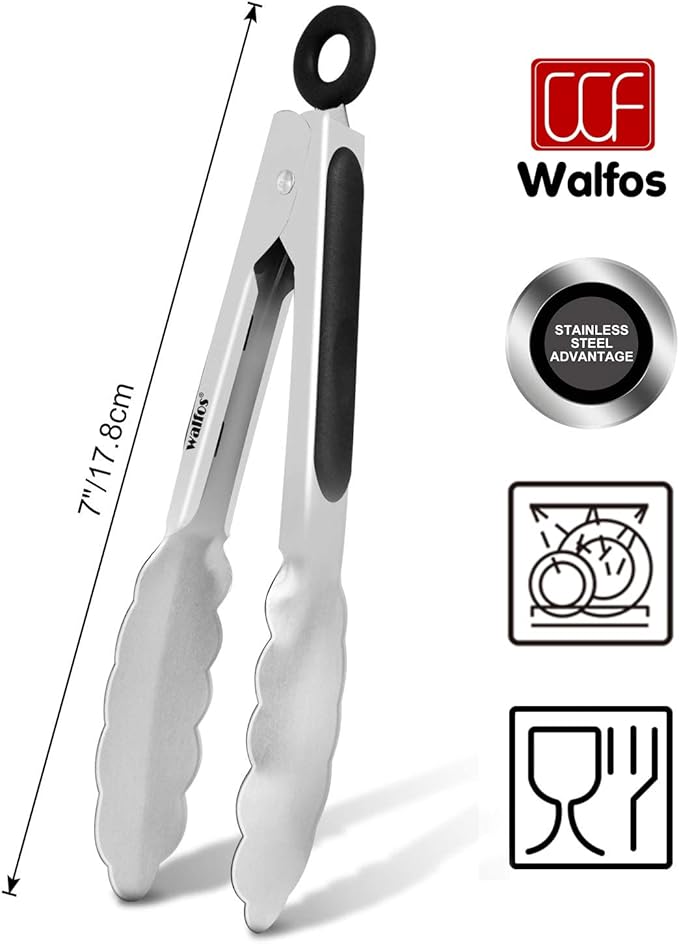 Walfos 7 inch Small Kitchen Tongs for Cooking, Mini Silicone Serving Tongs, Great for Cooking, Salad, Grilling, Pasta, Steaks, Vegetables