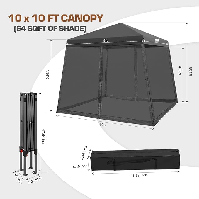 EAGLE PEAK 10x10 Slant Leg Easy Setup Pop Up Canopy Tent with Mosquito Netting 64 sqft of Shade, Gray
