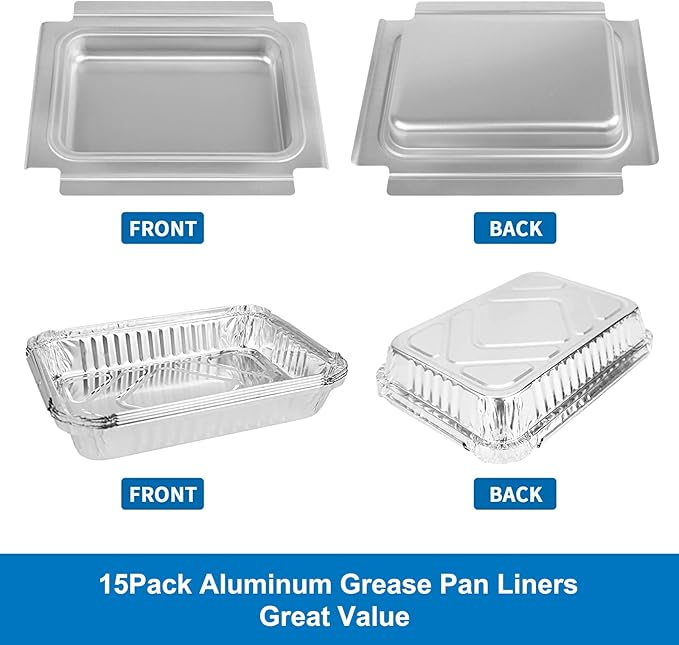 Uniflasy 80346 Catch Pan for Weber Q100 Q1000 Q120 Q140 Q1200 Series Drip Tray for Weber Baby Q Gas Grill with 6415 15pack Aluminum Liner Replacement for Weber 41887