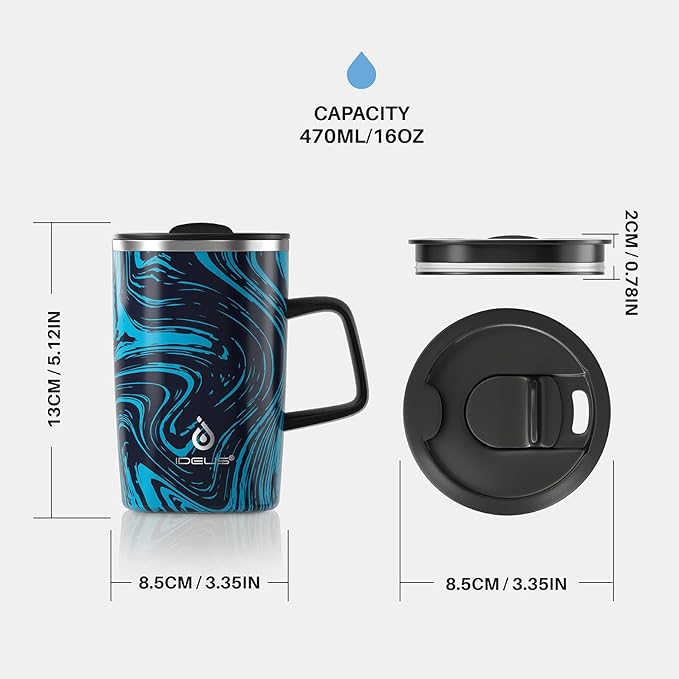 Ideus Vacuum Insulated Coffee Mug, 16oz Reusable Stainless Steel Thermal Double Walled cup with Handle and Slider Lid for Hot & Cold Beverages, BPA Free (Blue Zebra)
