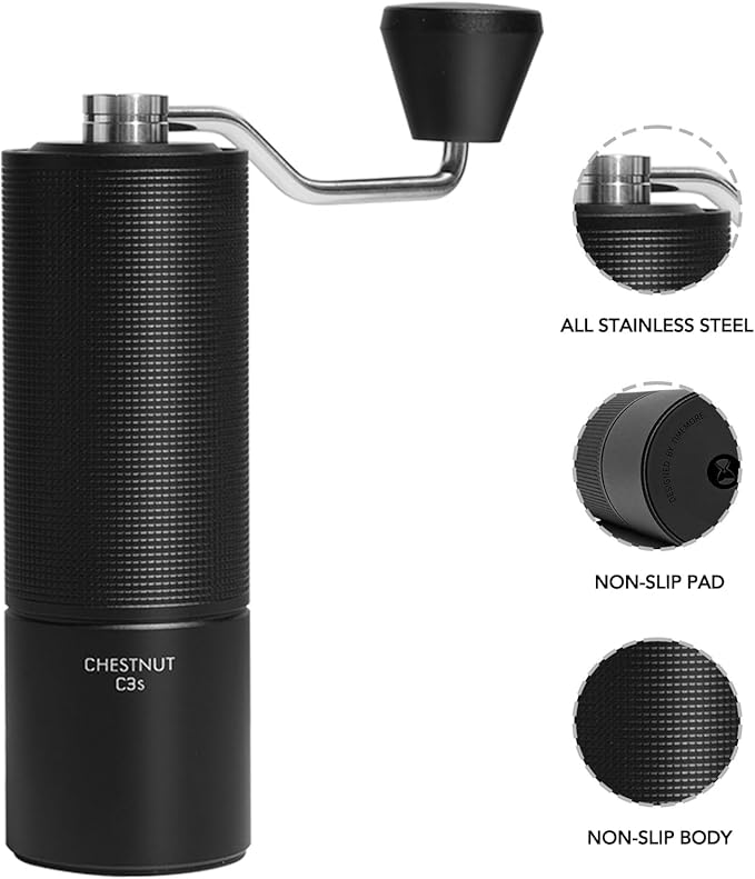 TIMEMORE Manual Coffee Grinder CNC Stainless Steel Burr Coffee Grinder with Capacity 20g Chestnut C3S Internal External Adjustable Setting, Double Bearing Positioning for Travel Camping, Home Black