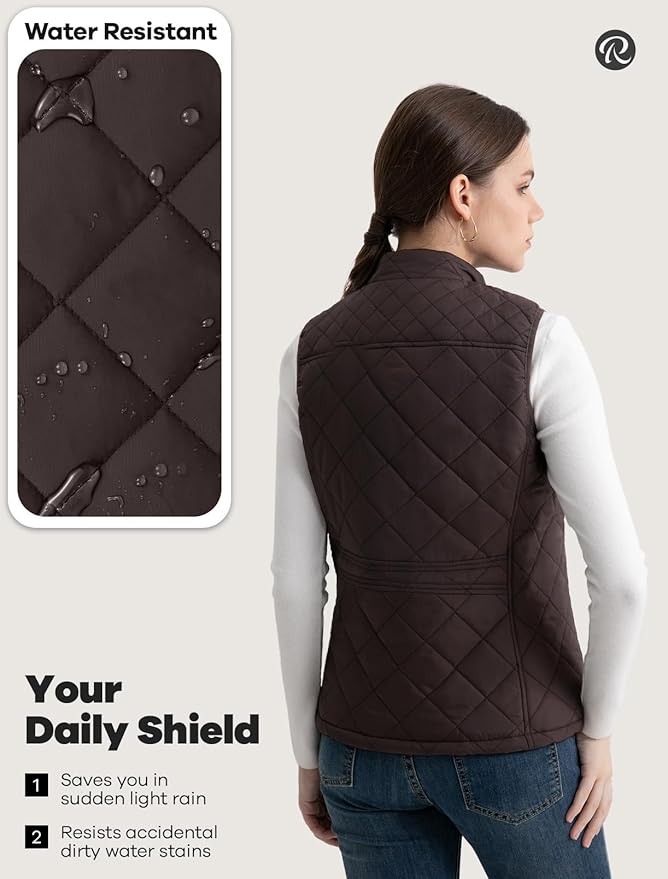 Women's Vest, Quilted Puffer Water-Resistant Zip With Pockets