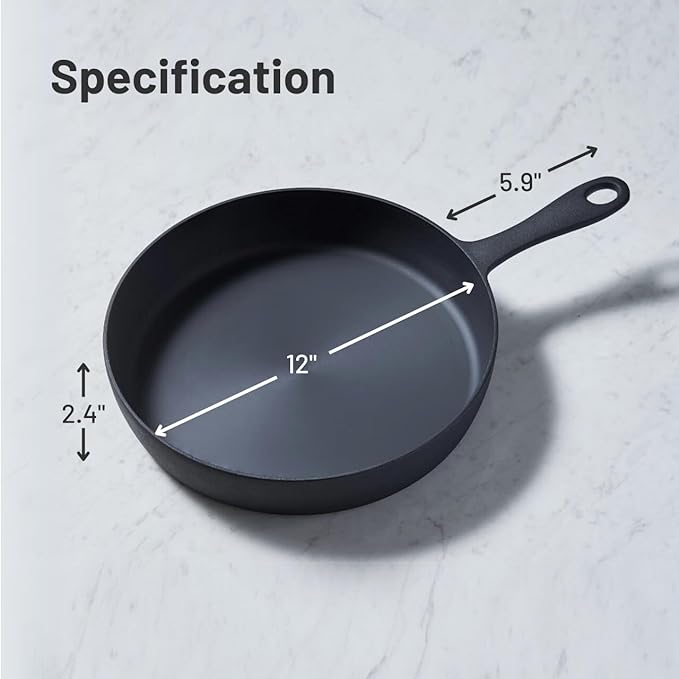Flambo 12 Inch Cast Iron Skillet - Naturally Non-Stick, Pre-Seasoned Frying Pan, Smooth Nonstick Finish for Grilling, Frying, Sauteing, Searing, Baking - Use on Oven, Stove, Grill, or Campfire