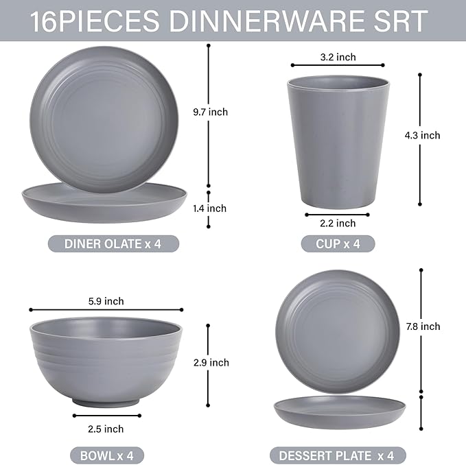 Supernal Dark Grey Wheat Straw Dinnerware Sets,16Pcs Unbreakable Reusable Plastic Wheat Straw Bowls & Plates Dinner Set, Plastic Dinnerware Set for 4, 8Plates, 4Bowls, 4Cups for Kitchen & Camping