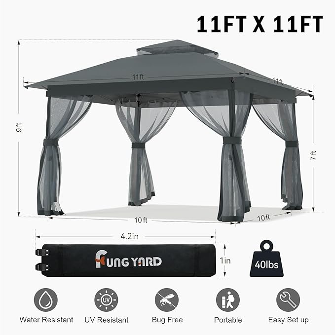Pop Up Gazebo 11x11 - Outdoor Canopy Tent with Mosquito Netting & Wheeled Carry Bag, Double Roof Gazebos for Backyard Party Garden Wedding Camping (Gray, 11x11)