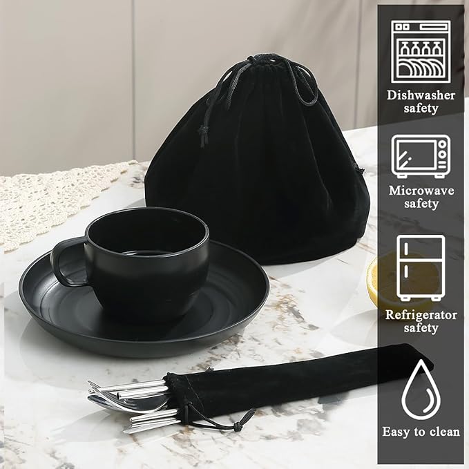 Camping Essentials Set, HOMQUEN Camping Plates and Bowls Set, Coffee Mug, Travel Cutlery Set Include Spoon, Fork, Knife for Work, Outdoor,Picnic, Camp (Black)