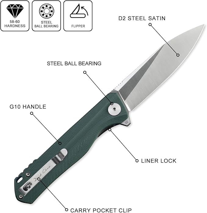 Petrified fish G10 handle D2 steel blade 2CR13 liner ball bearing flipper folding knife camping hunting EDC pocket tool PF818 (Green, Satin)