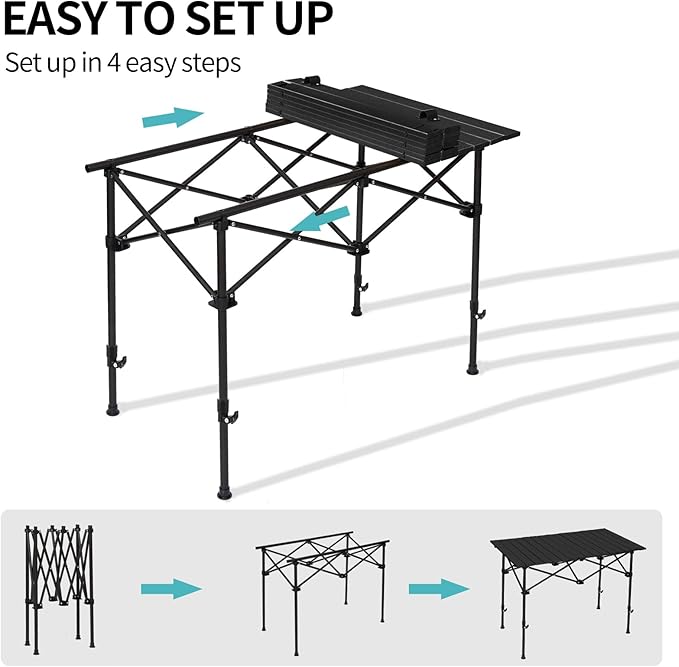 SHANQUAN Folding Camping Table, 46.5 ร 21.7 Inches Portable Camp Table Aluminum Fold Up Lightweight Roll Up Table Adjustable Height with Carry Bag for Camping, Picnic, Backyard, BBQ, Patio, Black